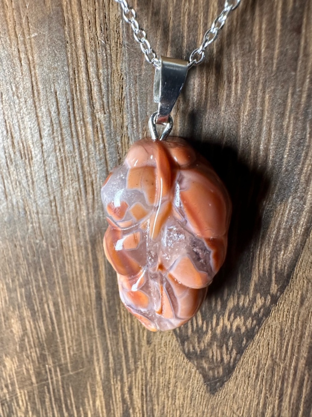 Dark Pink/Salmon Pink “Cotton Candy” Agate Pendant on Silver Plated Chain - Picture 9 of 13